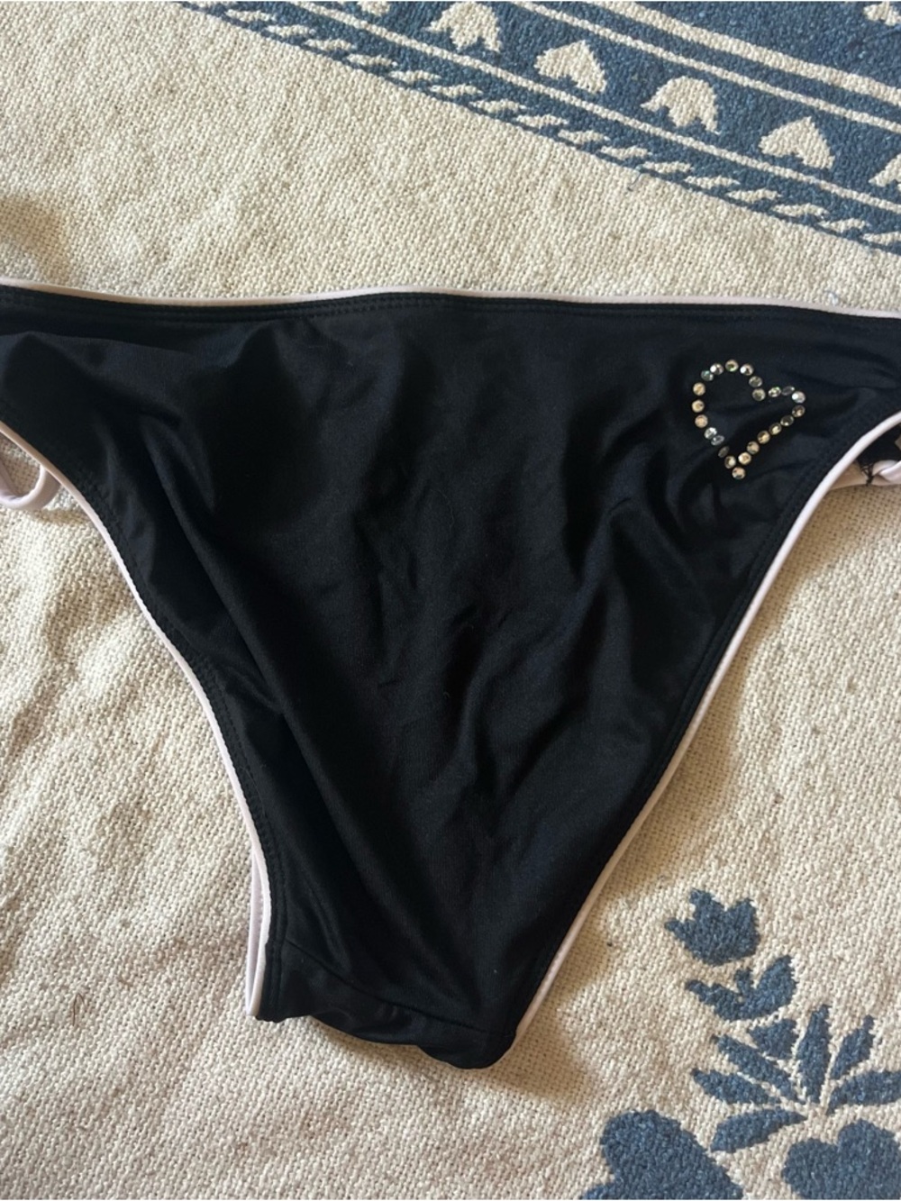 unworn y2k black and white contrast vintage swim bottoms with rhinestone heart